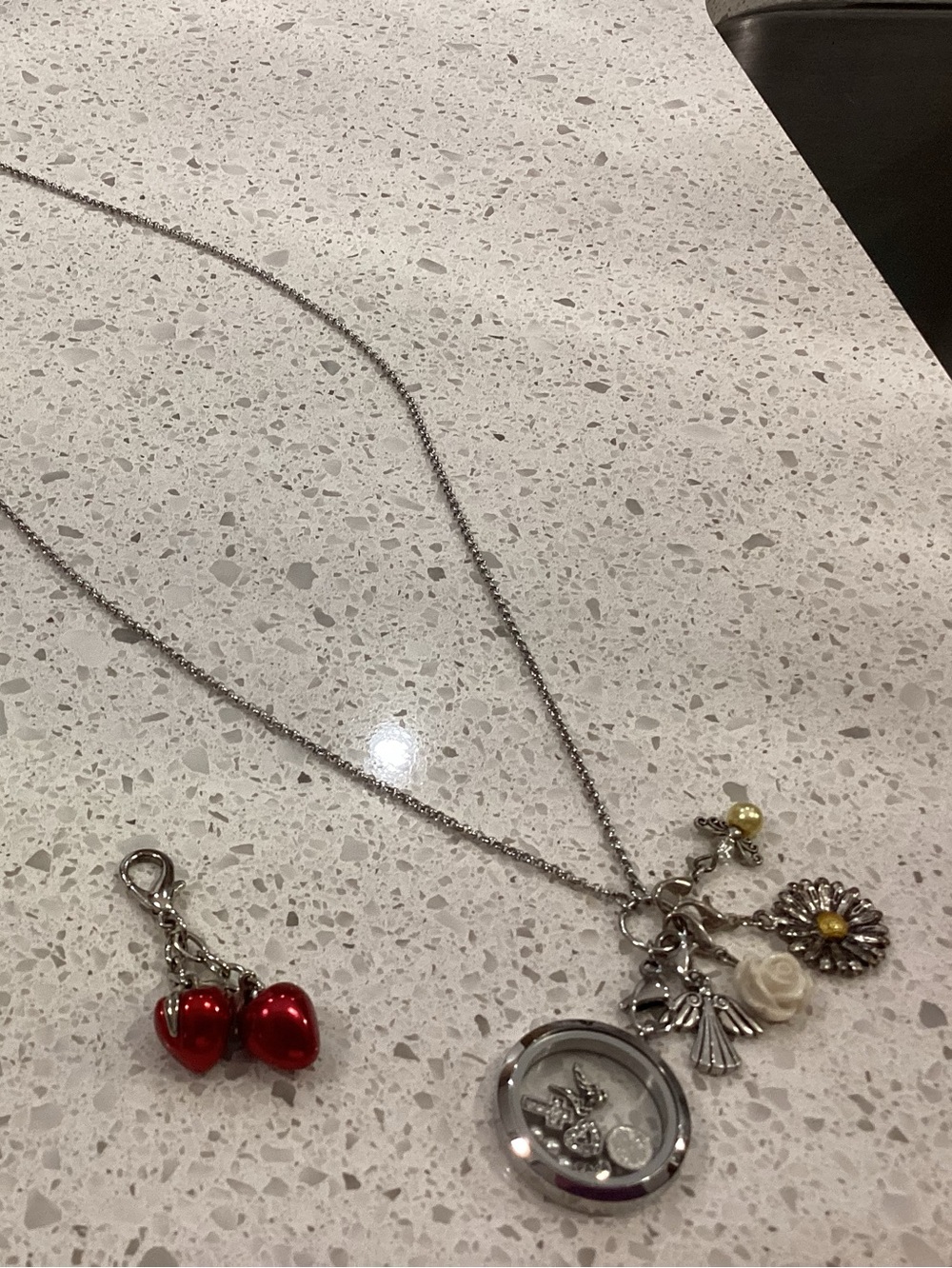 Silver Tone Necklace with Red Heart Charms
